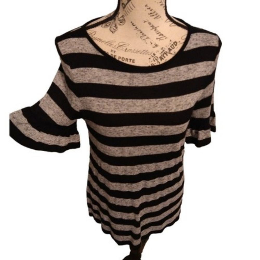 Loft Bell sleeve Striped  top Medium Gray & Black Boho  Feminine